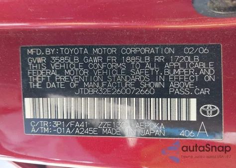 2006 Toyota Corolla Ce z USA, uszkodzony, nr VIN JTDBR32E260072660